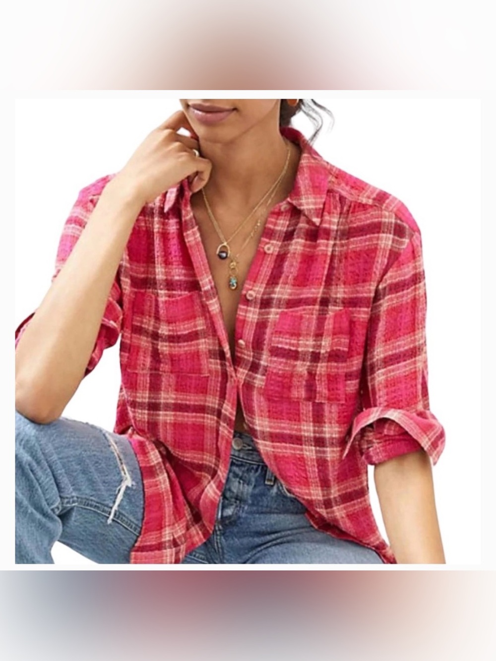 Pilcro Red Pink Plaid Button-Up Shirt